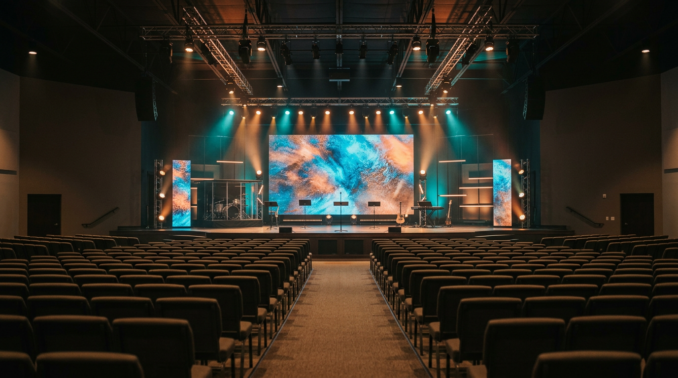 Modern church auditorium with contemporary seating and professional stage lighting, representing an engaging worship environment designed for sustained attention