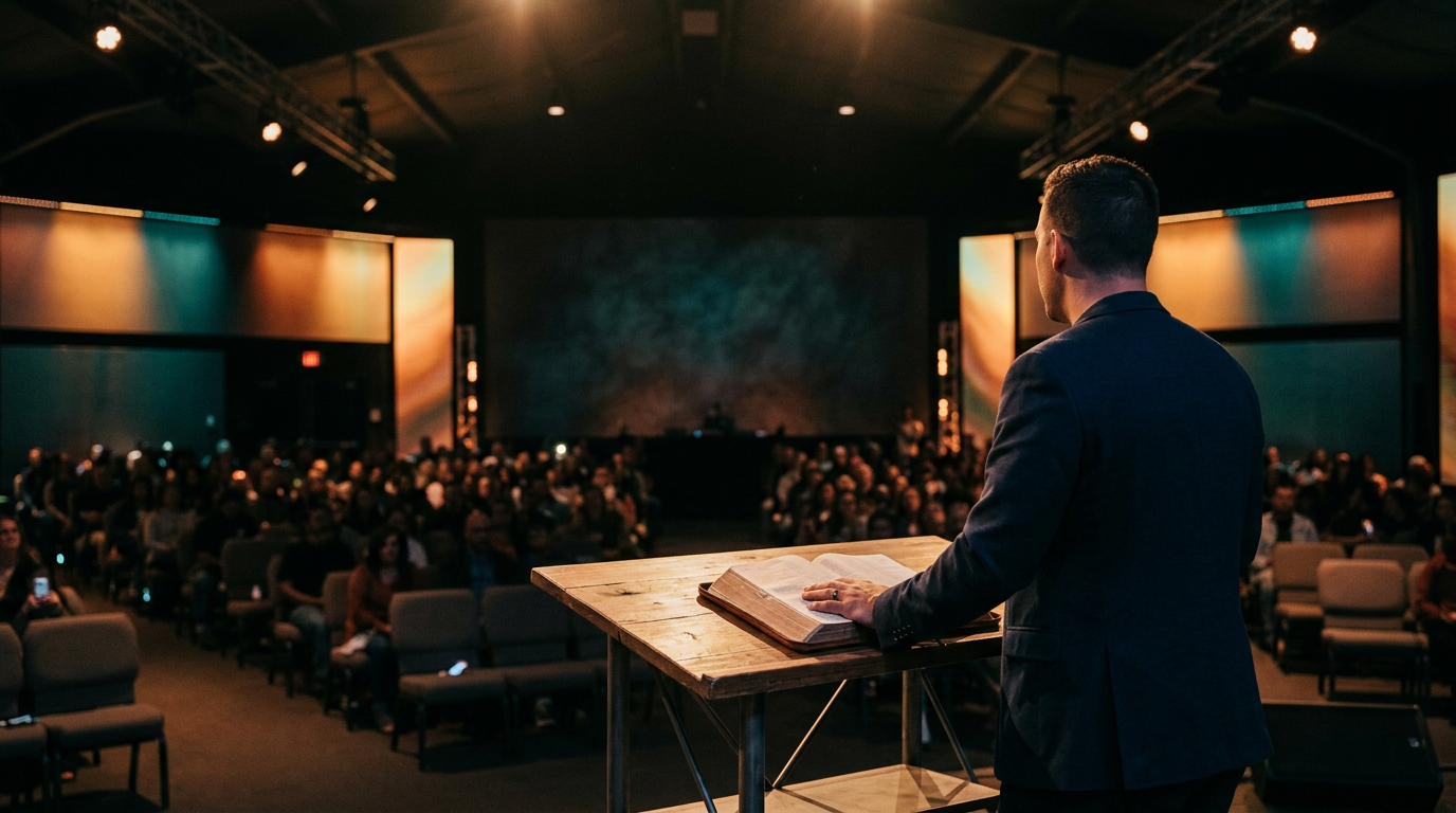Modern church stage with warm lighting and open Bible on table, representing authentic conviction in preaching