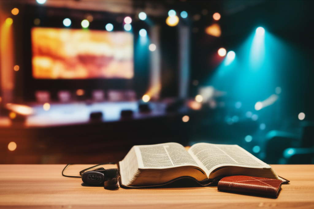 Open Bible and journal on modern church stage table with warm lighting and contemporary worship environment in background