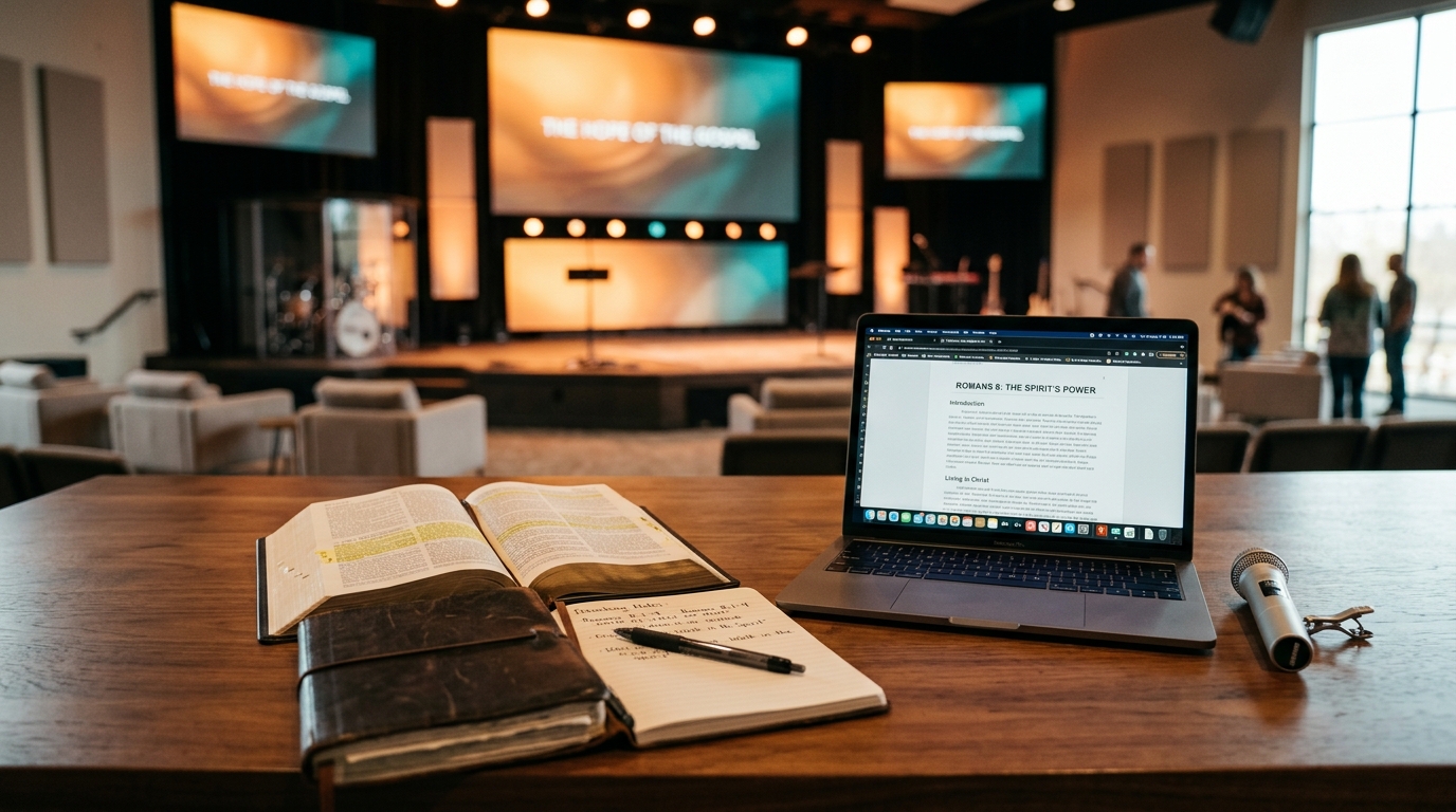 Modern church preparation workspace with open Bible, journal, and laptop on wooden desk with warm lighting and blurred contemporary stage in background