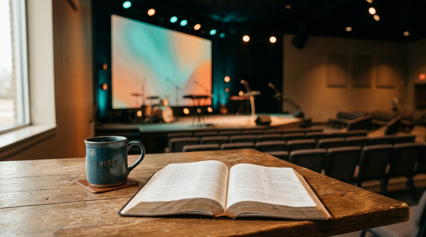 Open Bible and coffee on modern church table with stage lighting in background