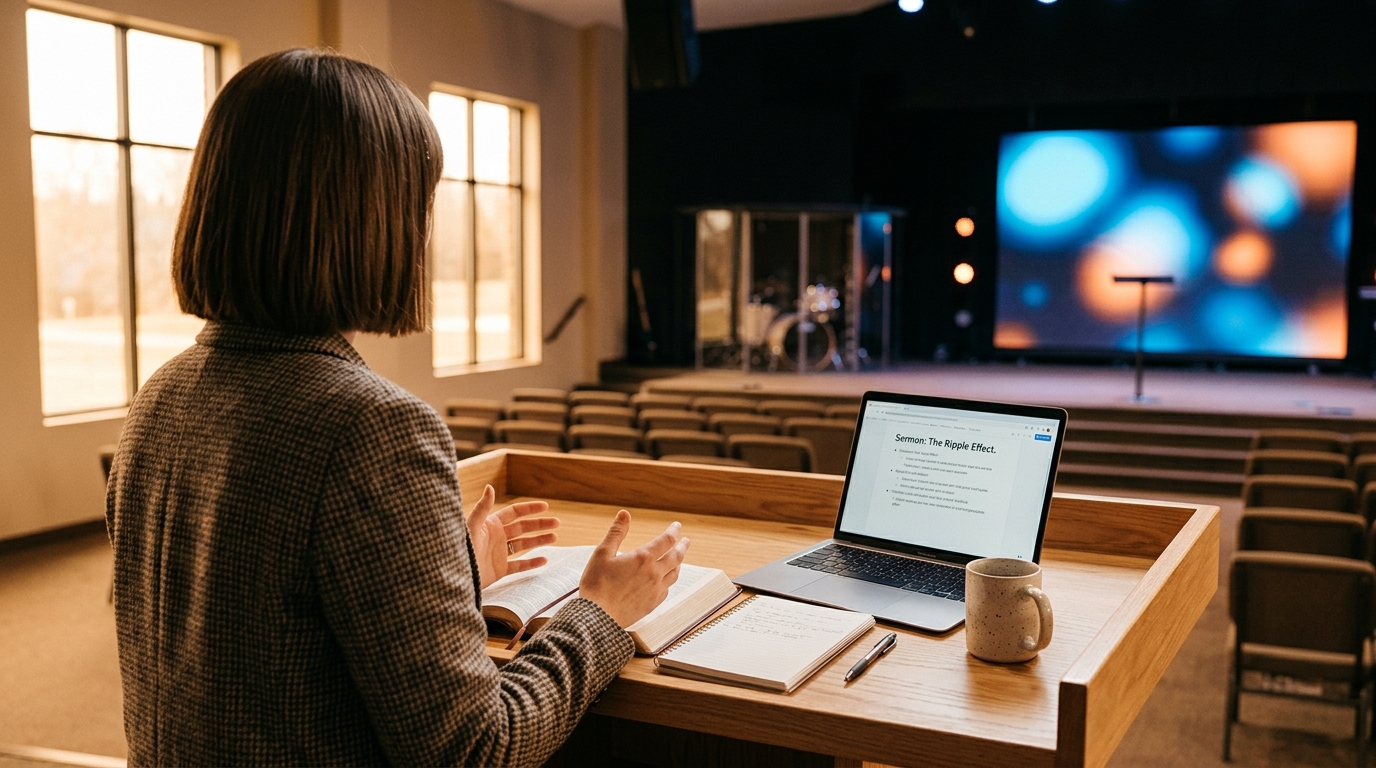 Seminary student reviewing sermon notes and Bible at modern desk with contemporary church stage visible in background