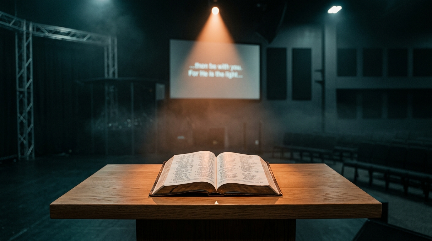 Illuminated open Bible on modern church stage with dramatic lighting and confidence monitor