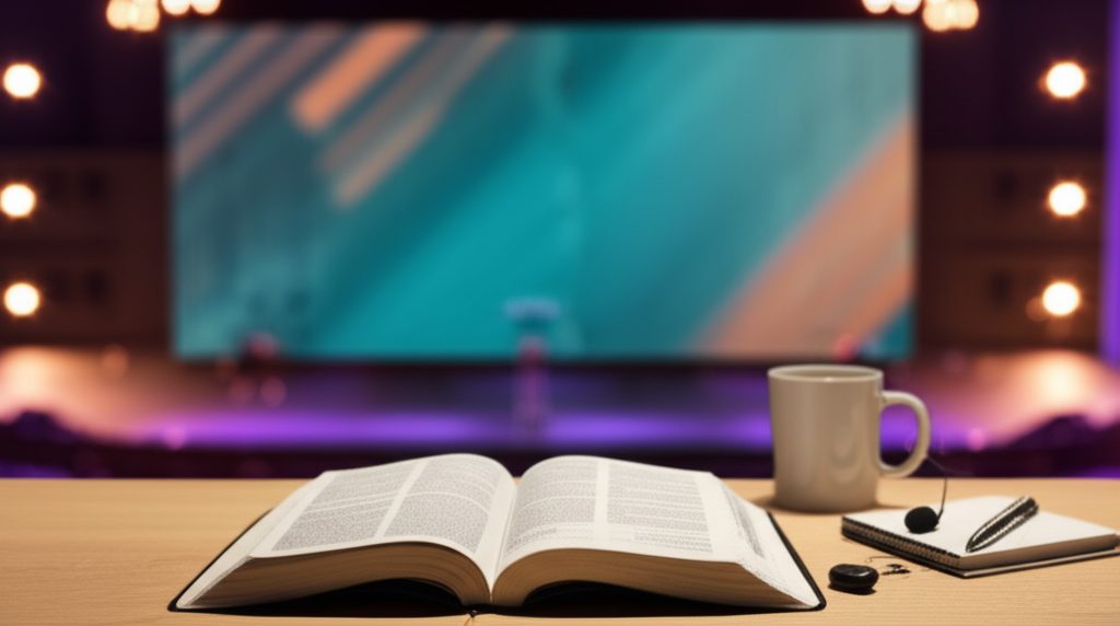 Open Bible on modern church stage table with coffee mug, notebook, and wireless microphone, representing sermon preparation and delivery coaching