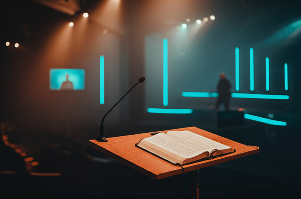 Modern church stage with contemporary lighting and LED screens, featuring an open Bible on a wooden lectern in the foreground with a pastor's silhouette visible on stage in atmospheric amber lighting