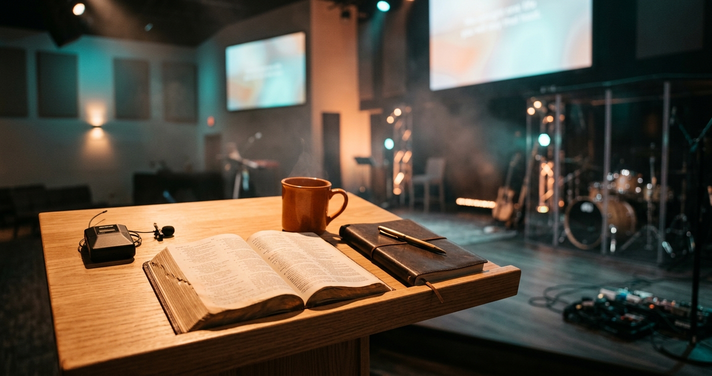 Open Bible on modern church stage with ambient lighting and contemporary worship environment