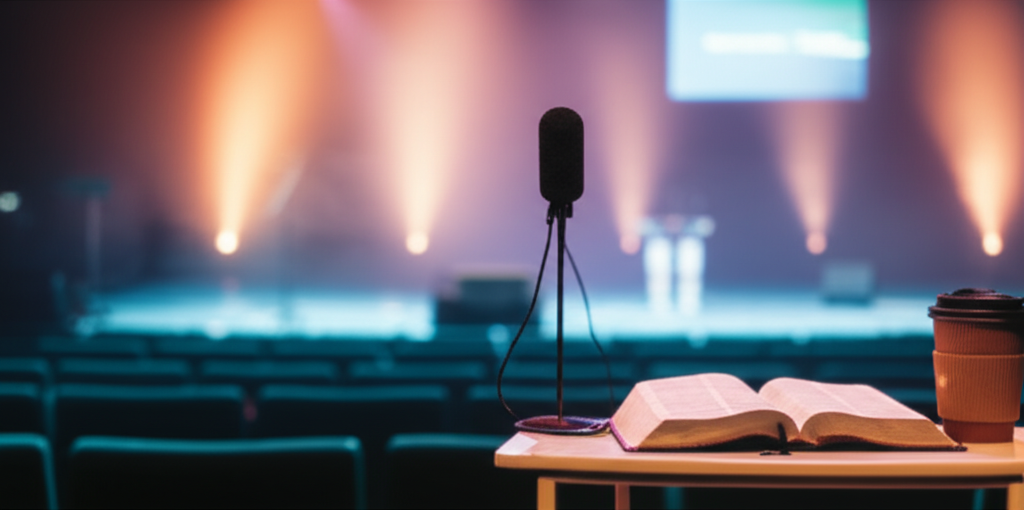 Modern church stage with wireless microphone, open Bible, and contemporary lighting representing the challenge of getting honest preaching feedback